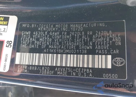 2021 Toyota Camry Xse Awd из США, поврежденный, VIN 4T1K61BK3MU021138